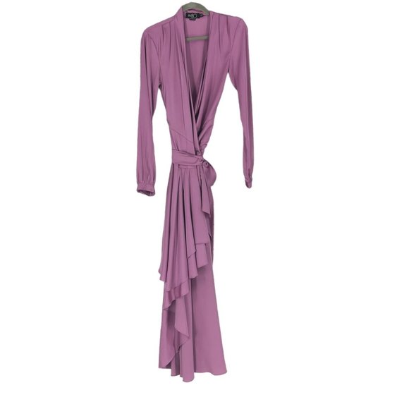 PatBo Orchid High Low Satin Ruffle Wrap Gown - Picture 2 of 9